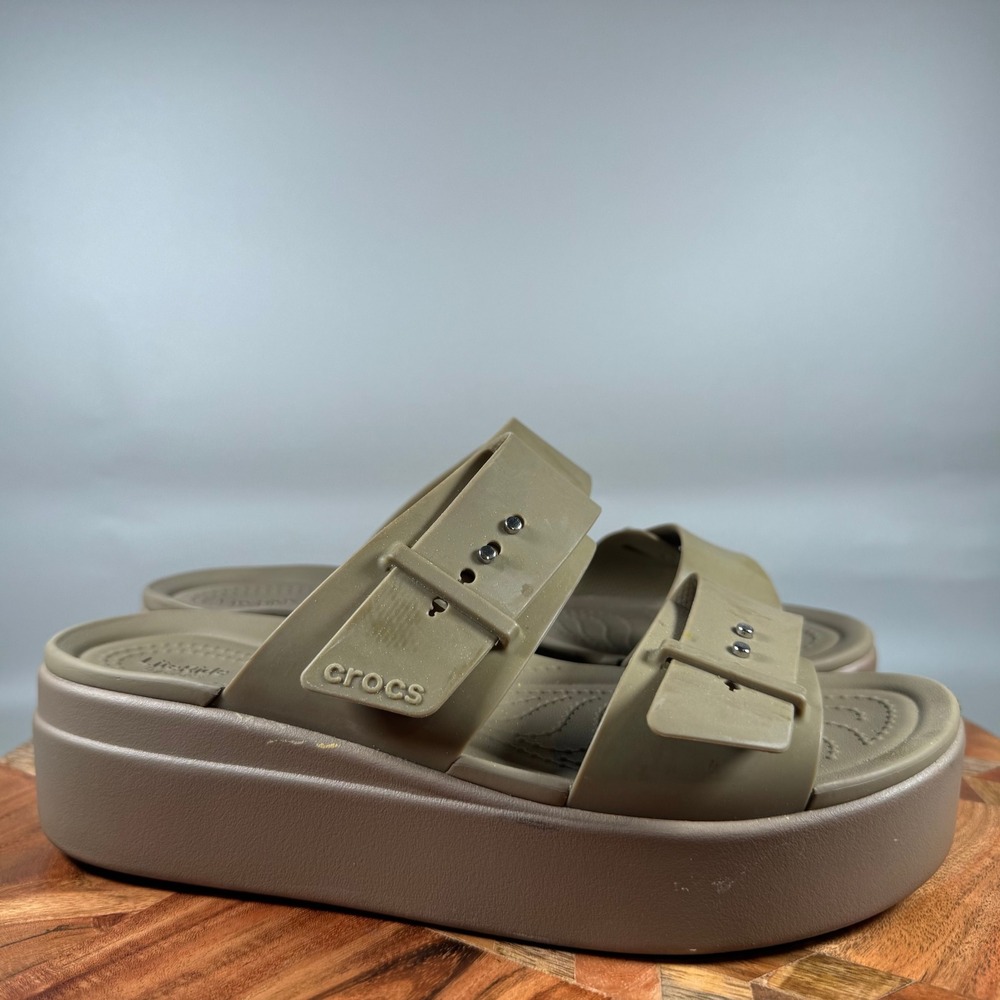 Crocs Brooklyn Low Wedge Platform Slide Sandals Khaki Brown Womens Size 8